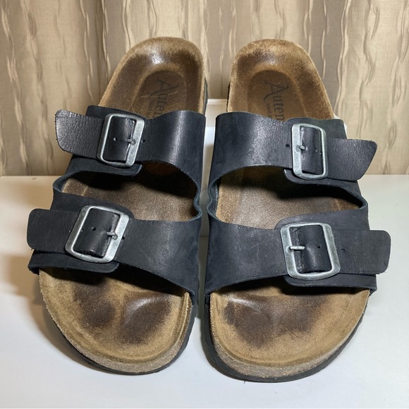 Autenti Made in Spain Men's 43 US 10 Leather Double Band Buckle Black Sandal - Picture 1 of 15